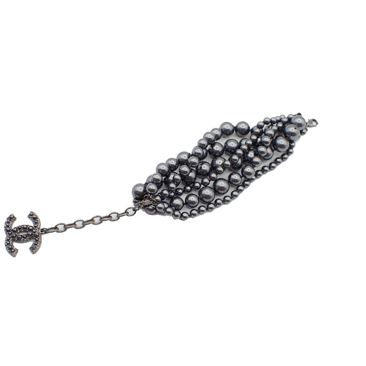 Chanel CC Charm Bracelet Faux Pearls and Metal, BLACK, SILVER_PLATED, Bracelet