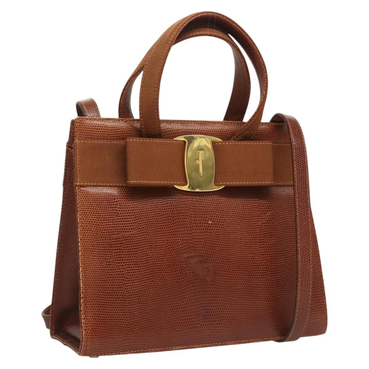 Salvatore Ferragamo Convertible Vara Bow Tote Leather, BROWN, LEATHER, Handbag