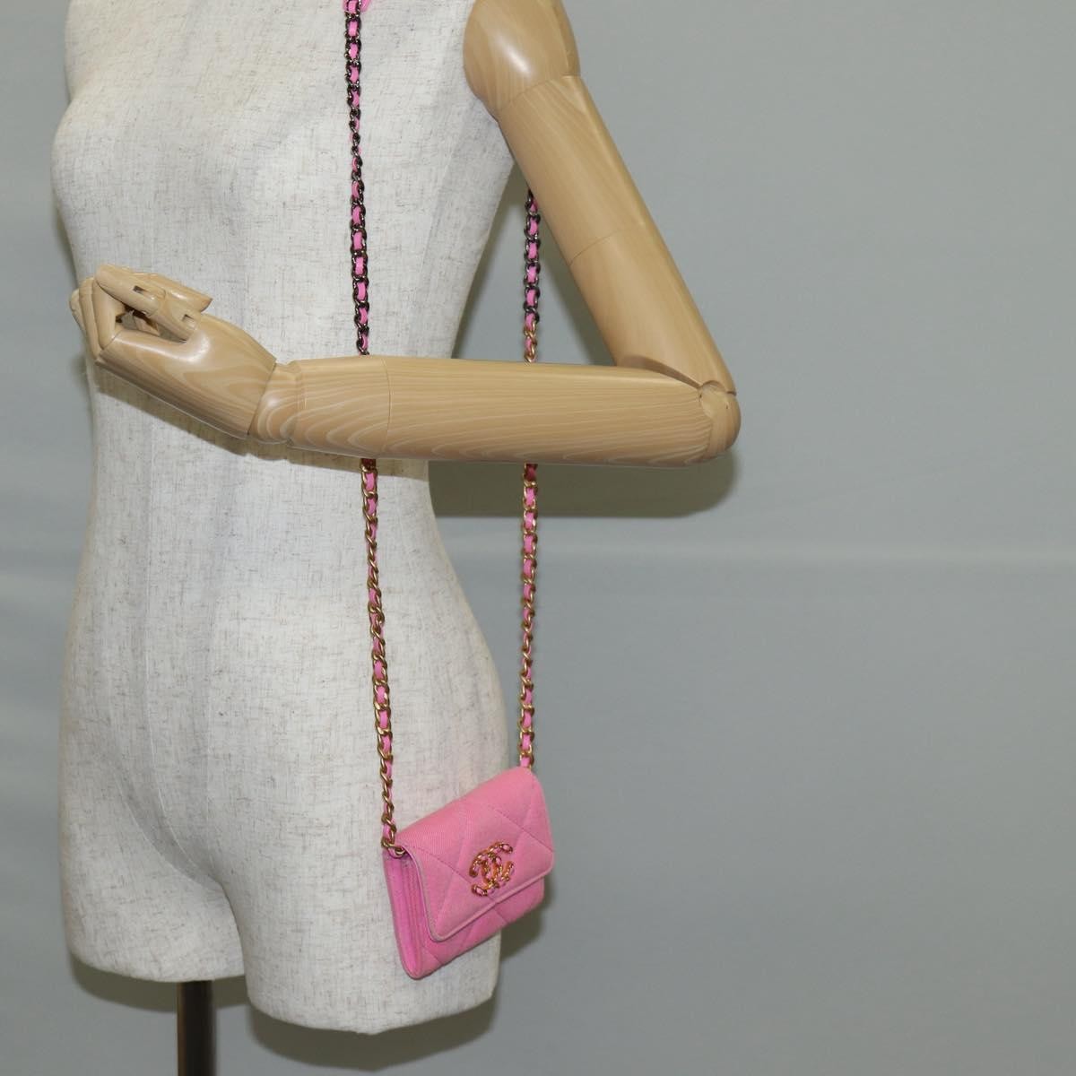 Chanel 19 Flap Coin Purse With Chain Quilted Denim, PINK, CANVAS, Wallets