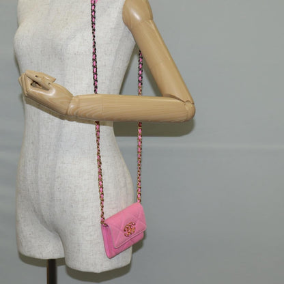 Chanel 19 Flap Coin Purse With Chain Quilted Denim, PINK, CANVAS, Wallets