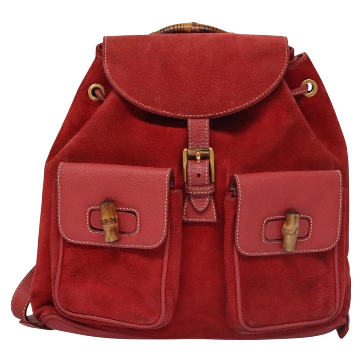 Gucci Vintage Bamboo Backpack Suede and Leather, Red, Suede, Backpack