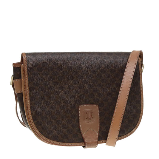Celine Vintage Saddle Flap Shoulder Bag Macadam Coated Canvas, BROWN, CANVAS, Shoulder bag