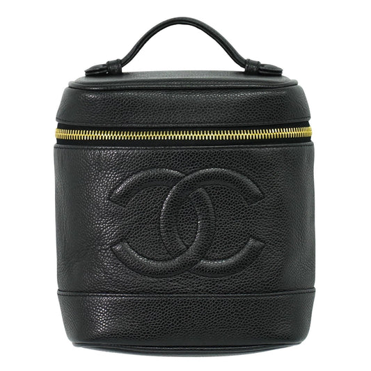 Chanel Vintage Timeless Cosmetic Case Caviar, BLACK, LEATHER, Toiletry Case