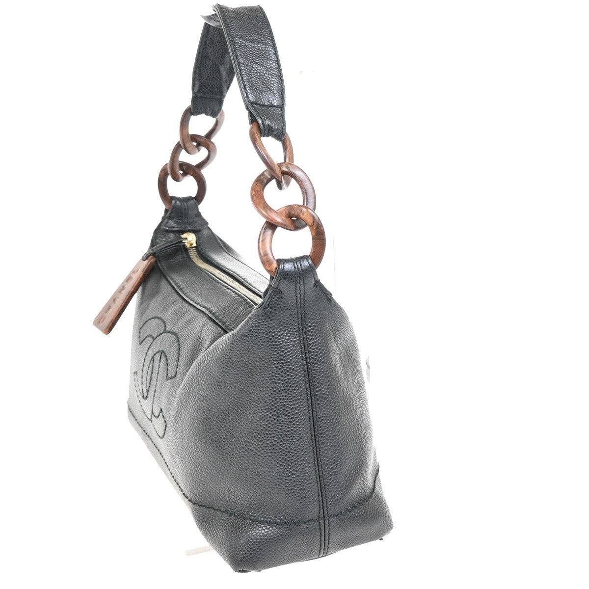 Chanel Vintage Wood Chain CC Shoulder Bag Caviar, BLACK, LEATHER, Shoulder bag