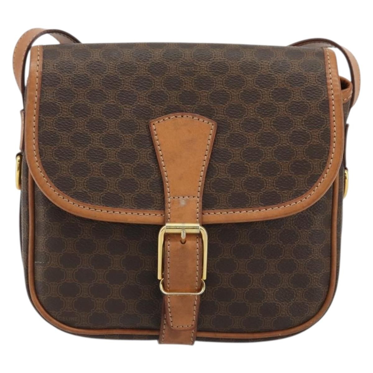 Celine Vintage Macadam Shoulder Bag Canvas and Leather, Brown, Canvas, Shoulder Bag