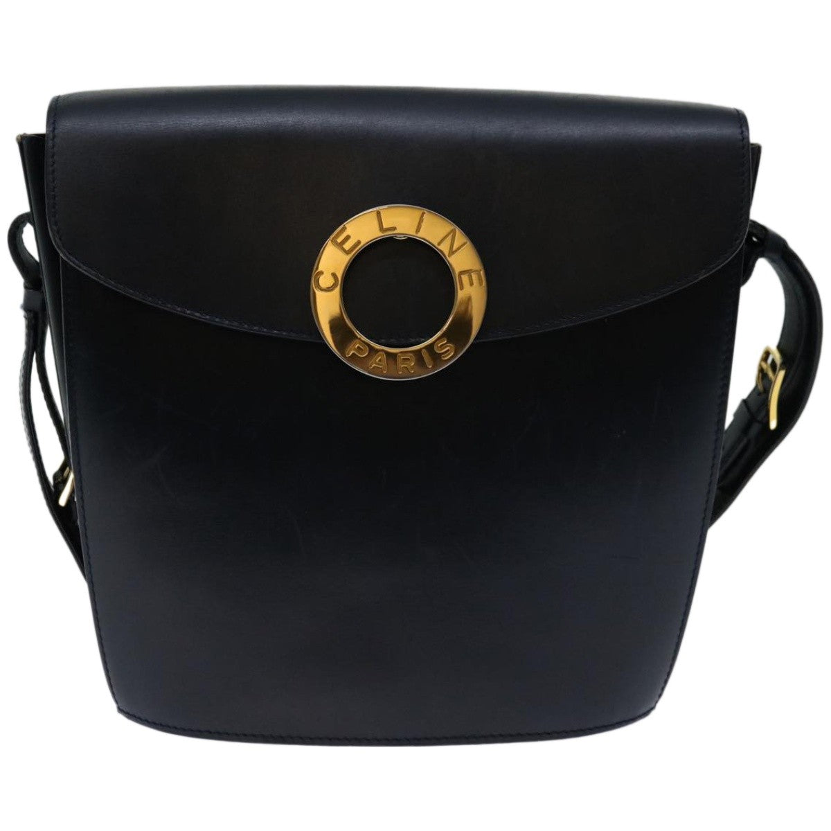 Celine Vintage Circle Logo Crossbody Bag Leather, NAVY, LEATHER, Crossbody bag
