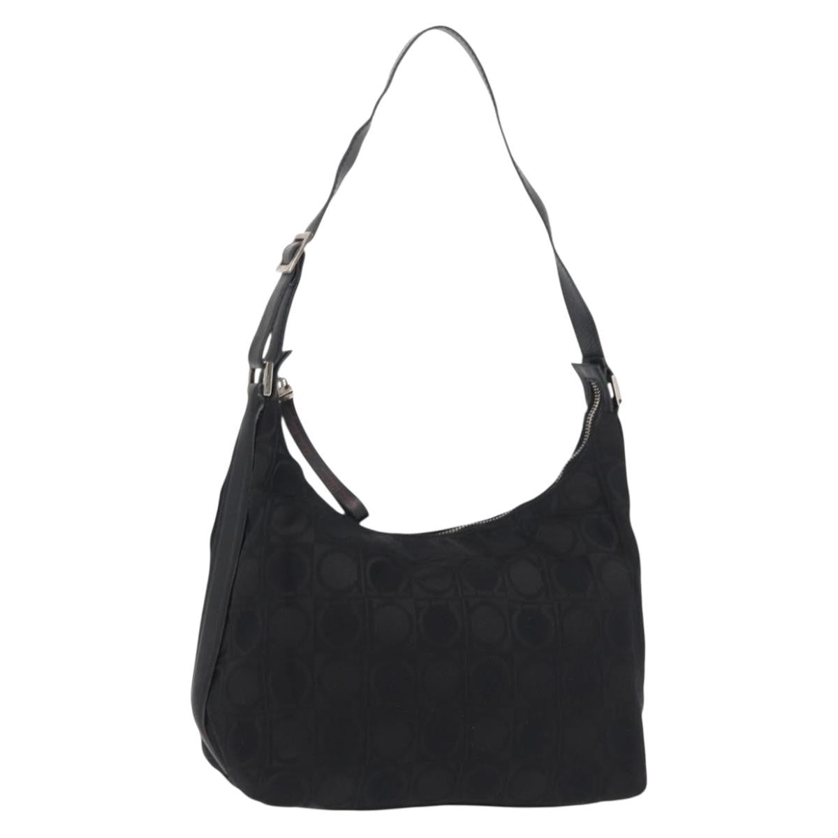Salvatore Ferragamo Gancini Shoulder Bag Nylon, BLACK, LEATHER, Shoulder bag