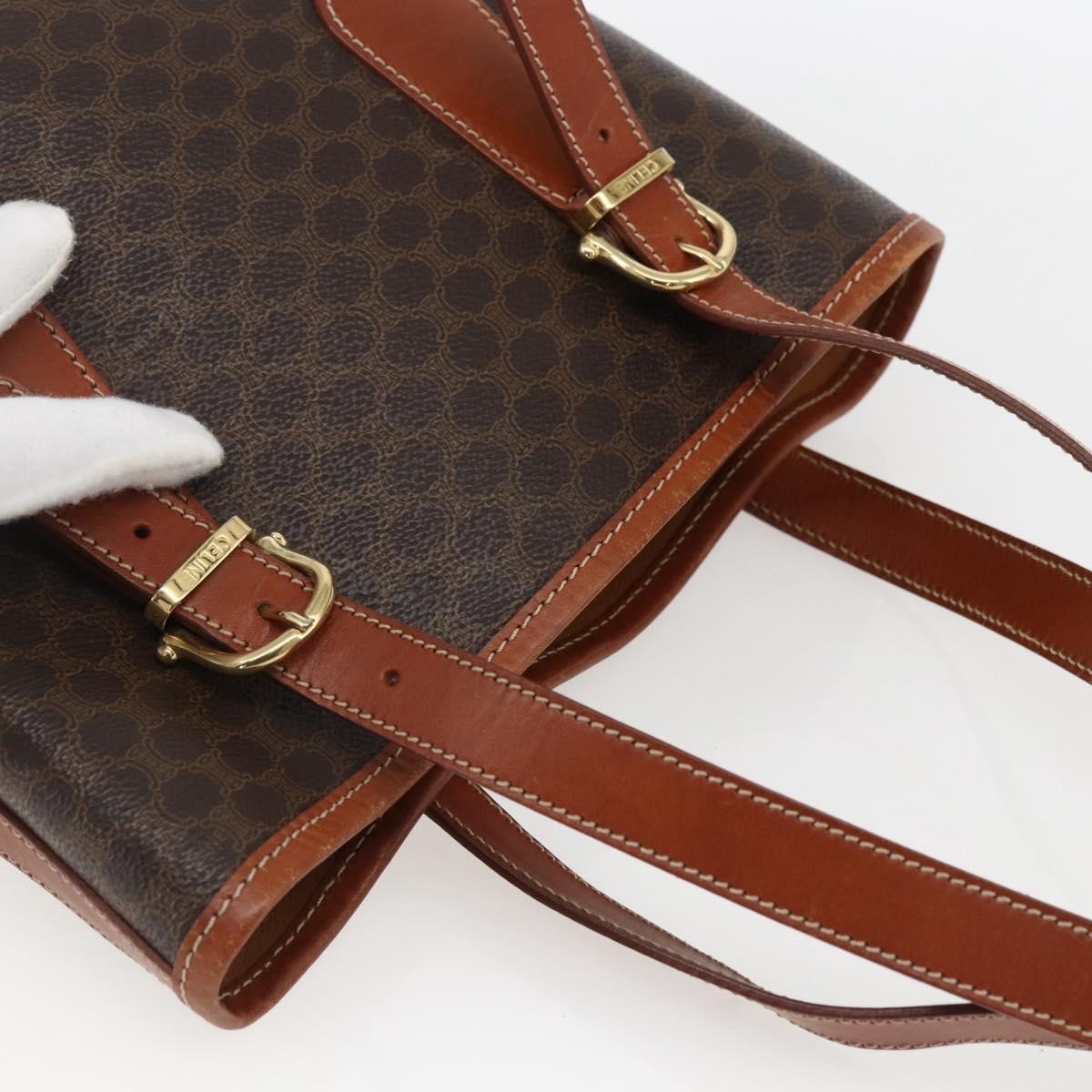 Celine Vintage Macadam Handbag Canvas and Leather, BROWN, CANVAS, Handbag