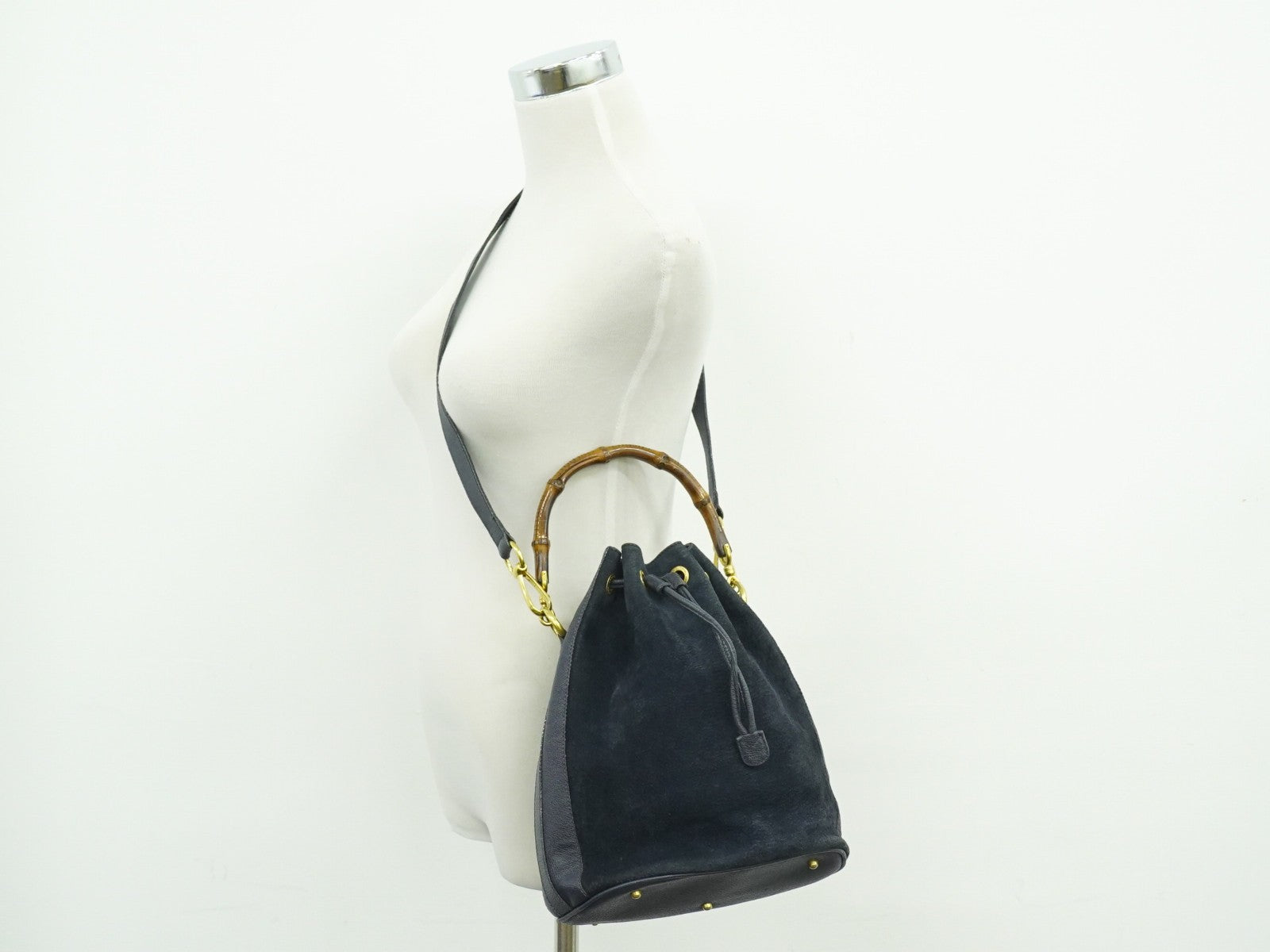 Gucci Bamboo Drawstring Shoulder Bag Suede, NAVY, SUEDE, Handbag
