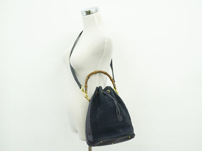 Gucci Bamboo Drawstring Shoulder Bag Suede, NAVY, SUEDE, Handbag