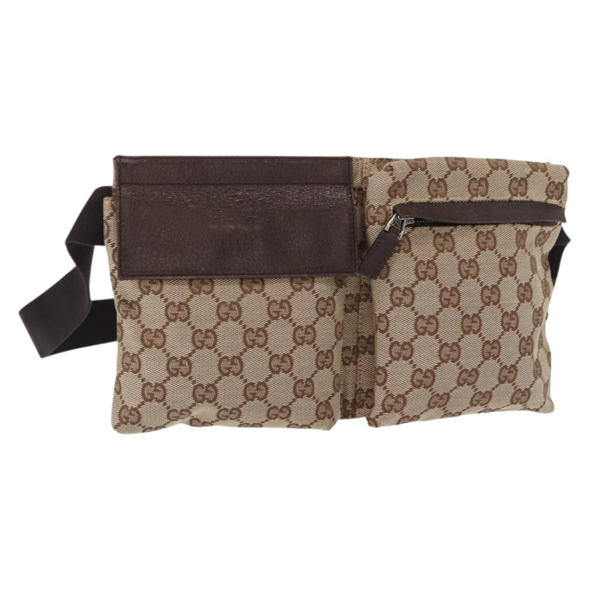 Gucci Vintage Double Belt Bag GG Canvas with Leather, BEIGE, CANVAS, Shoulder bag