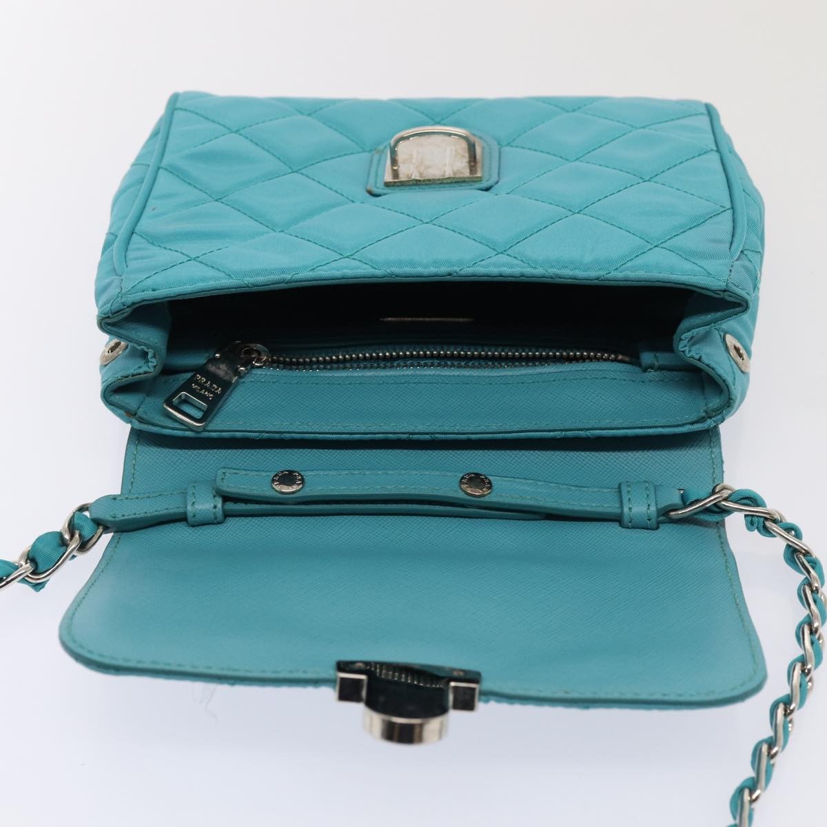 Prada Pushlock Chain Flap Bag Quilted Tessuto, Turquoise, Nylon, Shoulder Bag