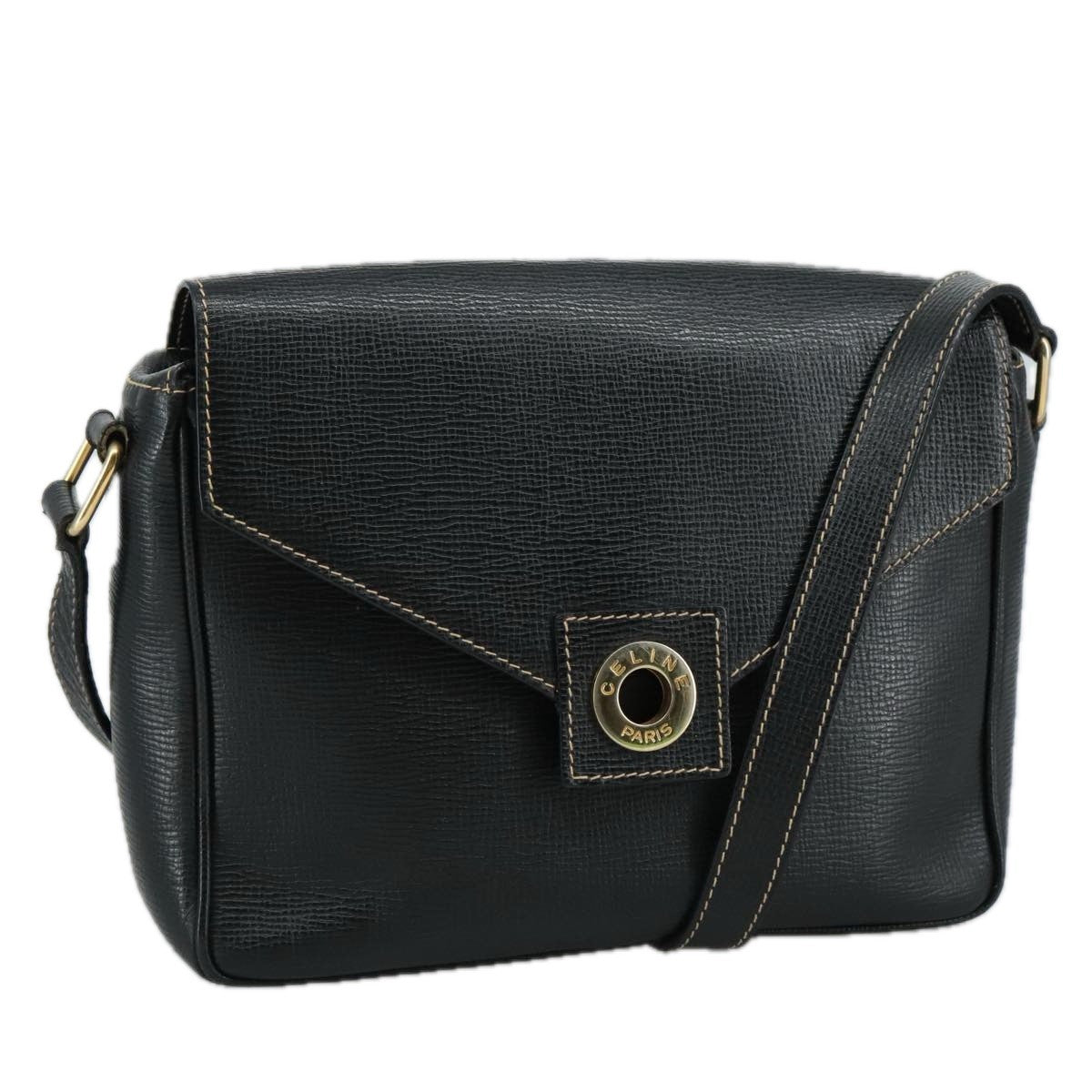 Celine Circle logo Leather, BLACK, LEATHER, Shoulder bag