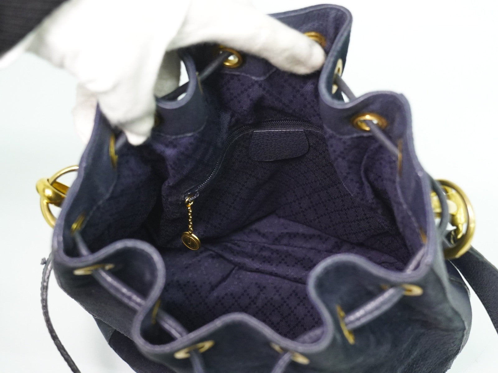 Gucci Bamboo Drawstring Shoulder Bag Suede, NAVY, SUEDE, Handbag