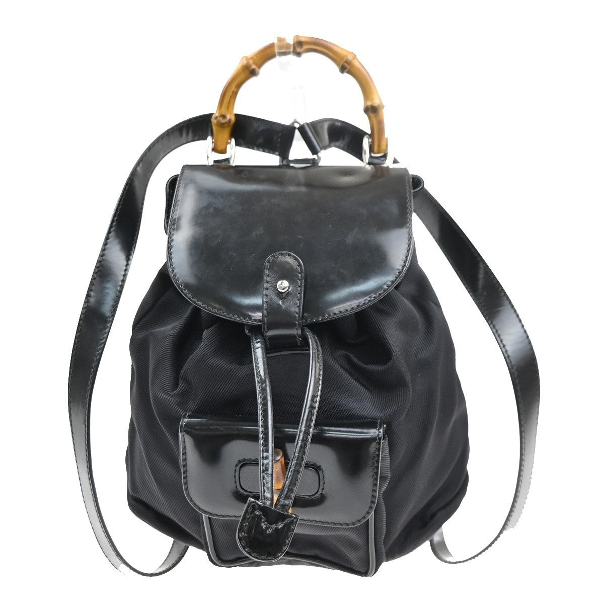 Gucci Vintage Bamboo Backpack Nylon and Patent Leather, BLACK, NYLON, Backpack