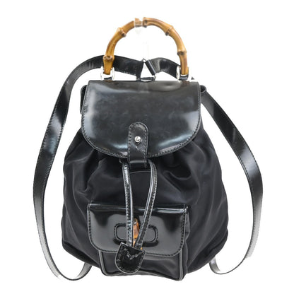 Gucci Vintage Bamboo Backpack Nylon and Patent Leather, BLACK, NYLON, Backpack
