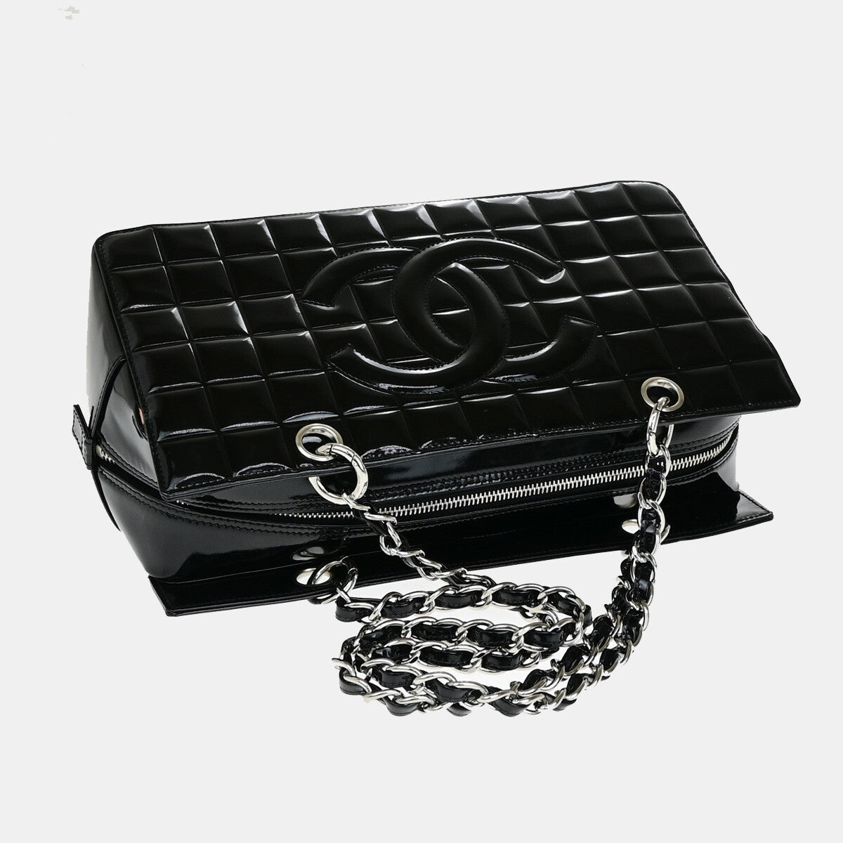 Chanel Chocolate Bar CC Zip Tote Quilted Patent, BLACK, PATENT_LEATHER, Shoulder bag