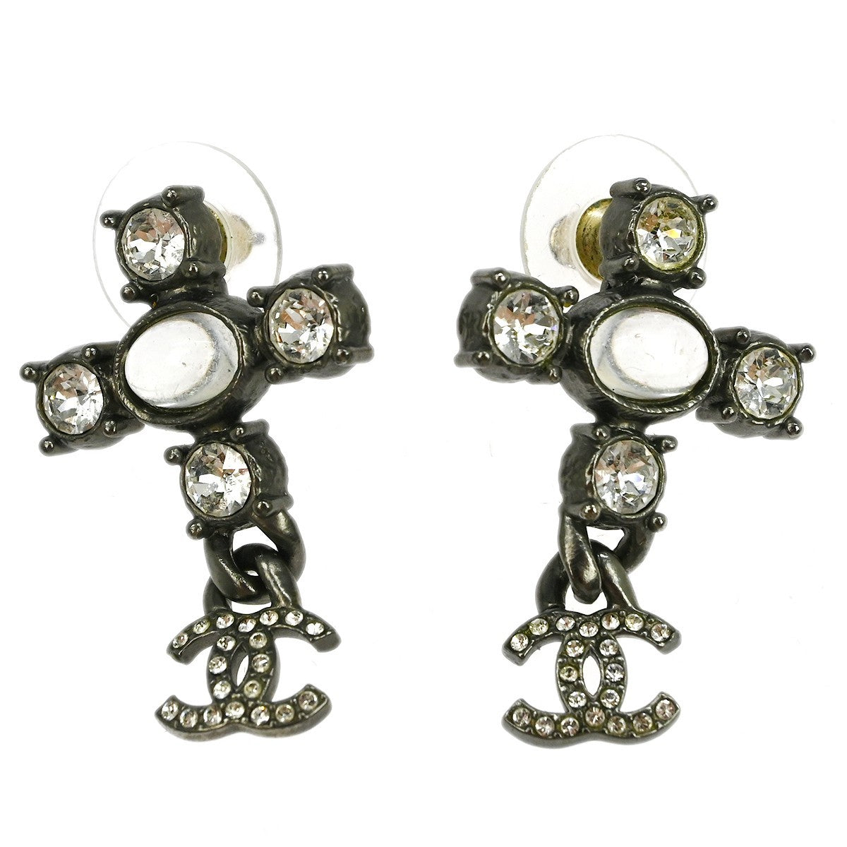Chanel CC Dangle Earrings Metal with Crystals, SILVER, SILVER_PLATED, Earrings