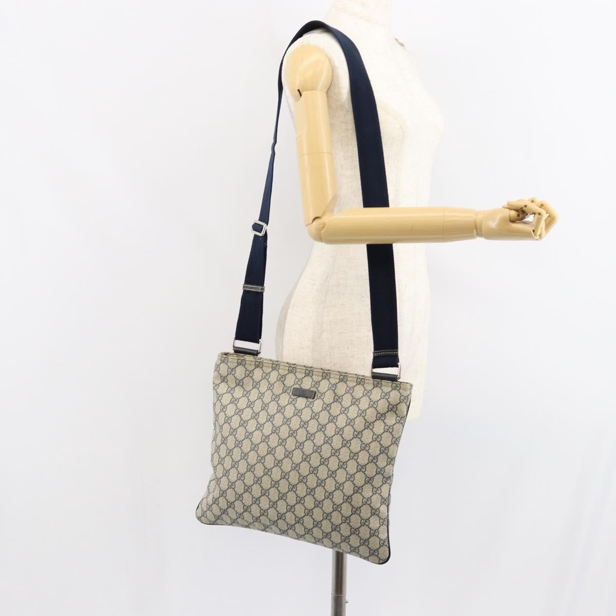 Gucci Zip Top Messenger Bag GG Coated Canvas, NAVY, PVC, Shoulder bag