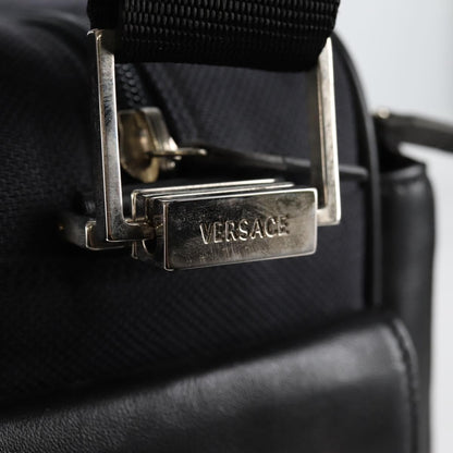 Versace Front Pocket Shoulder Bag Leather and Canvas, BLACK, CANVAS, Shoulder bag
