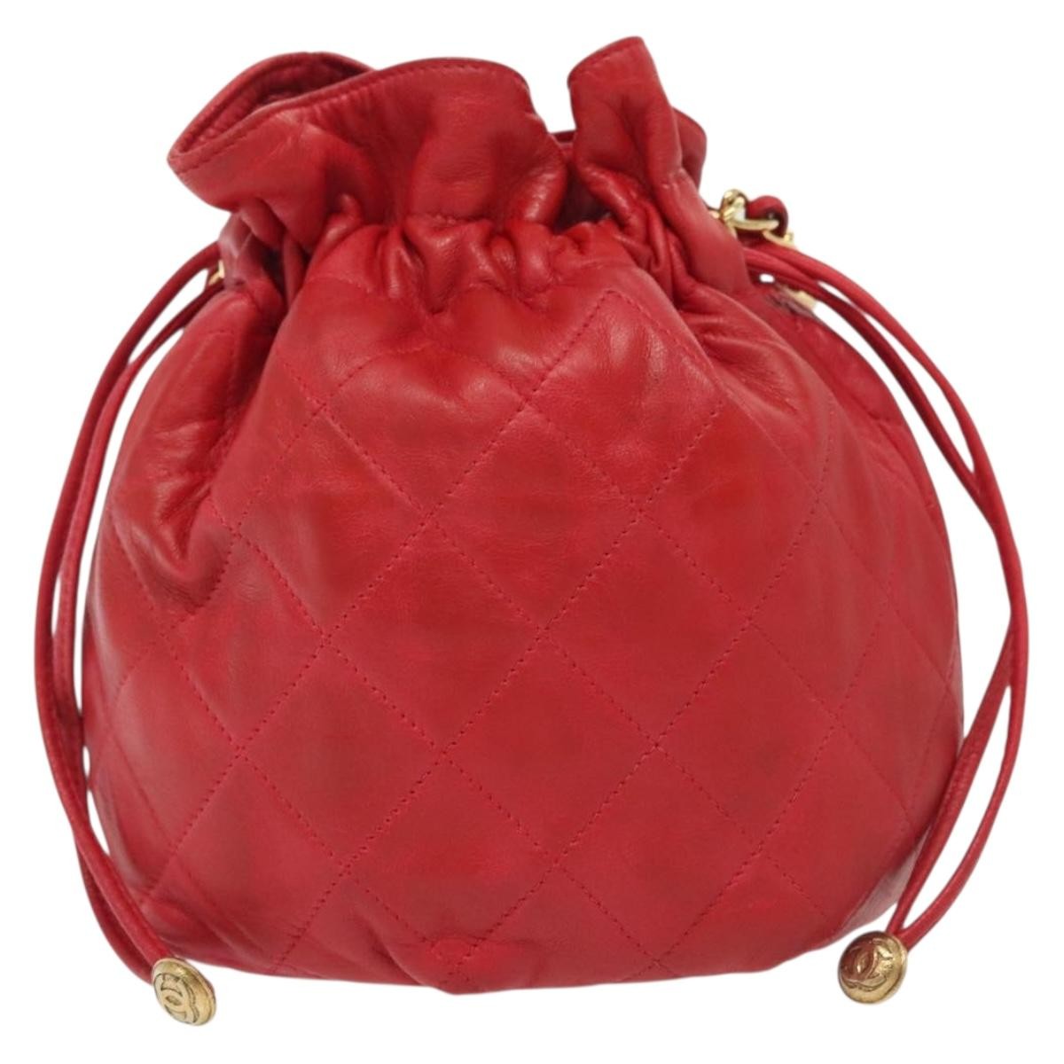 Chanel Drawstring Bucket Bag Lambskin, RED, LEATHER, Crossbody bag