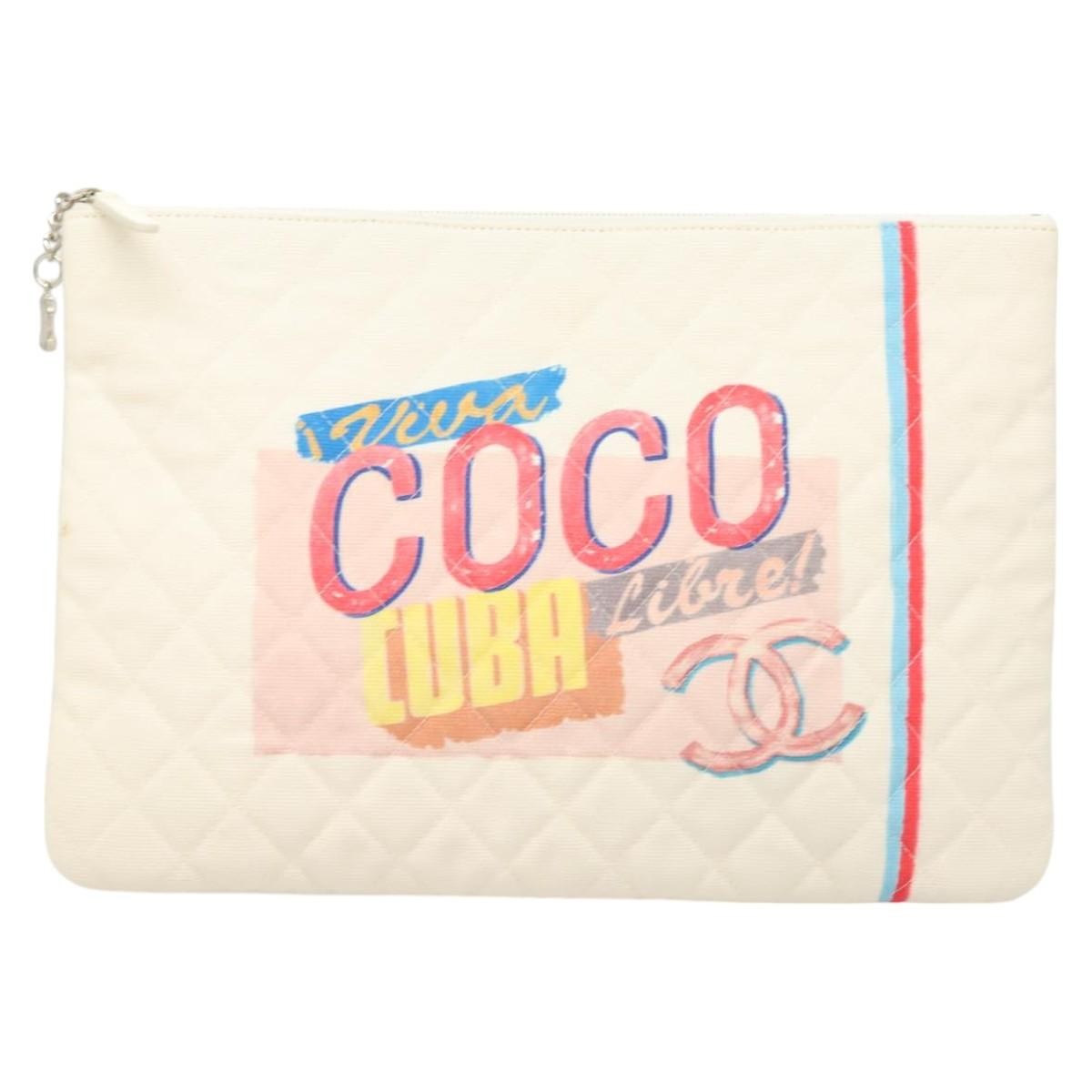 Chanel Coco Cuba Pouch Printed Quilted Canvas, WHITE, CANVAS, Clutche & pouche