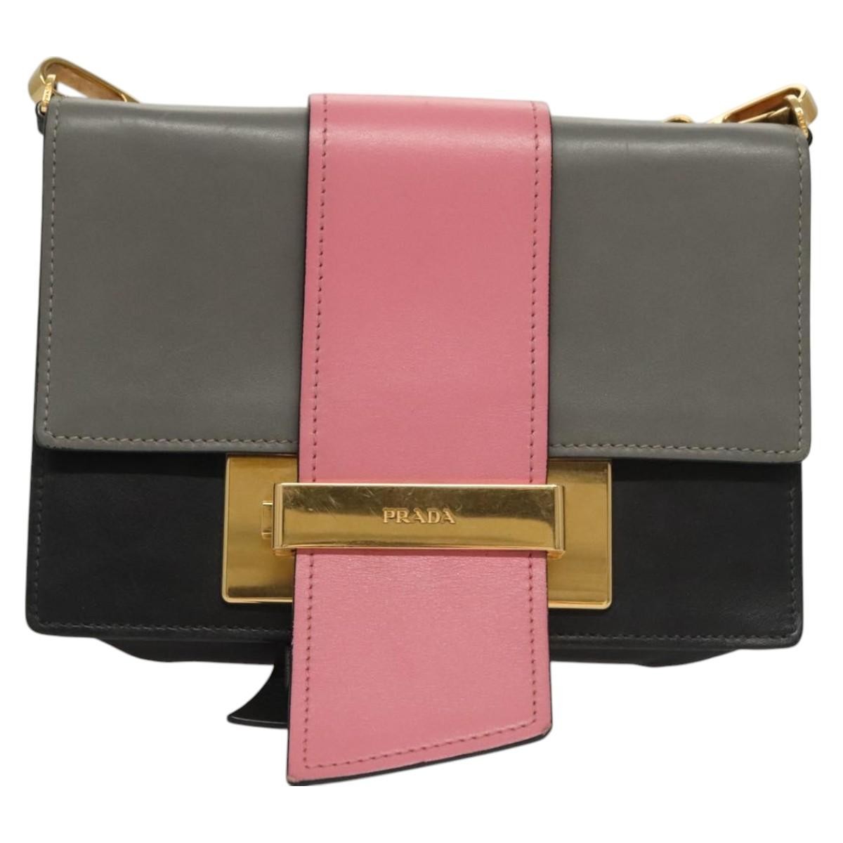 Prada Metal Ribbon Shoulder Bag City Calfskin, GRAY, LEATHER, Shoulder bag