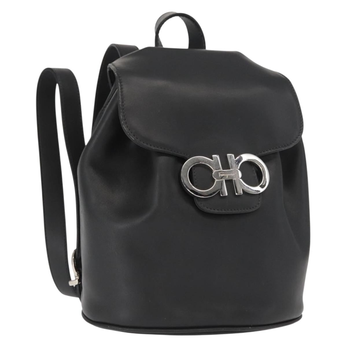 Salvatore Ferragamo Gancini Flap Drawstring Backpack Leather, BLACK, LEATHER, Backpack