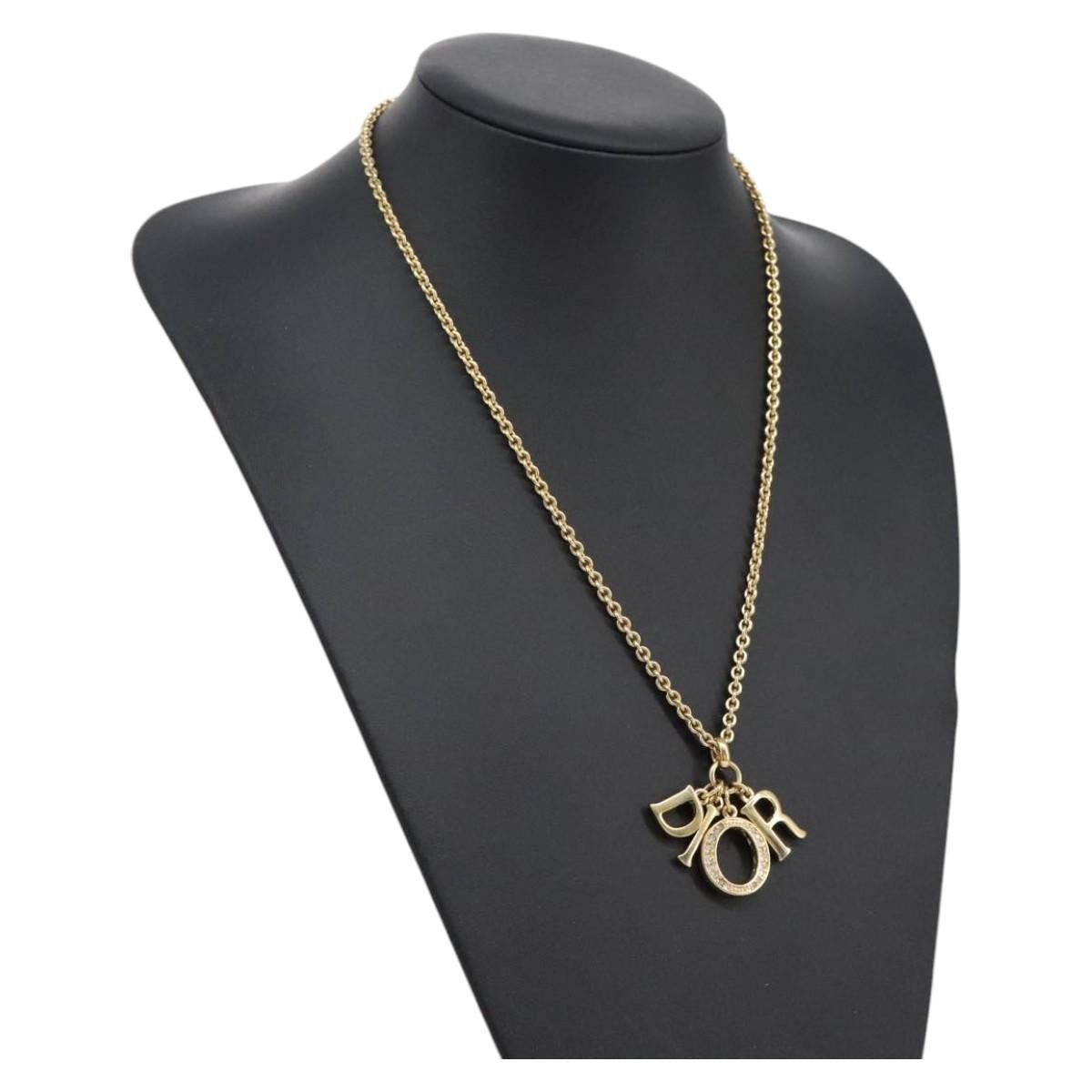 Christian Dior Logo Pendant Necklace Metal with Crystal, GOLD, METAL, Necklace