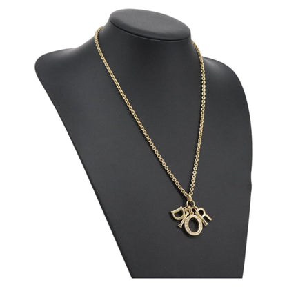 Christian Dior Logo Pendant Necklace Metal with Crystal, GOLD, METAL, Necklace