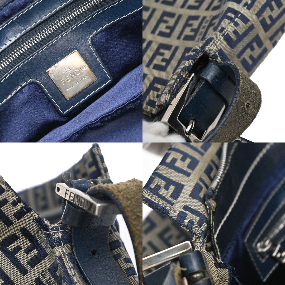 Fendi Vintage Flap Shoulder Bag Zucchino Canvas with Leather, NAVY, CANVAS, Shoulder bag