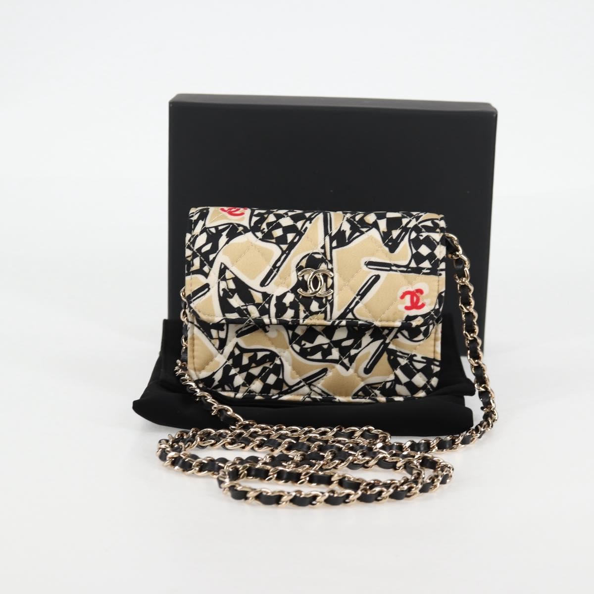 Chanel Flap Card Holder on Chain Quilted Printed Canvas, BEIGE, CANVAS, Clutche & pouche