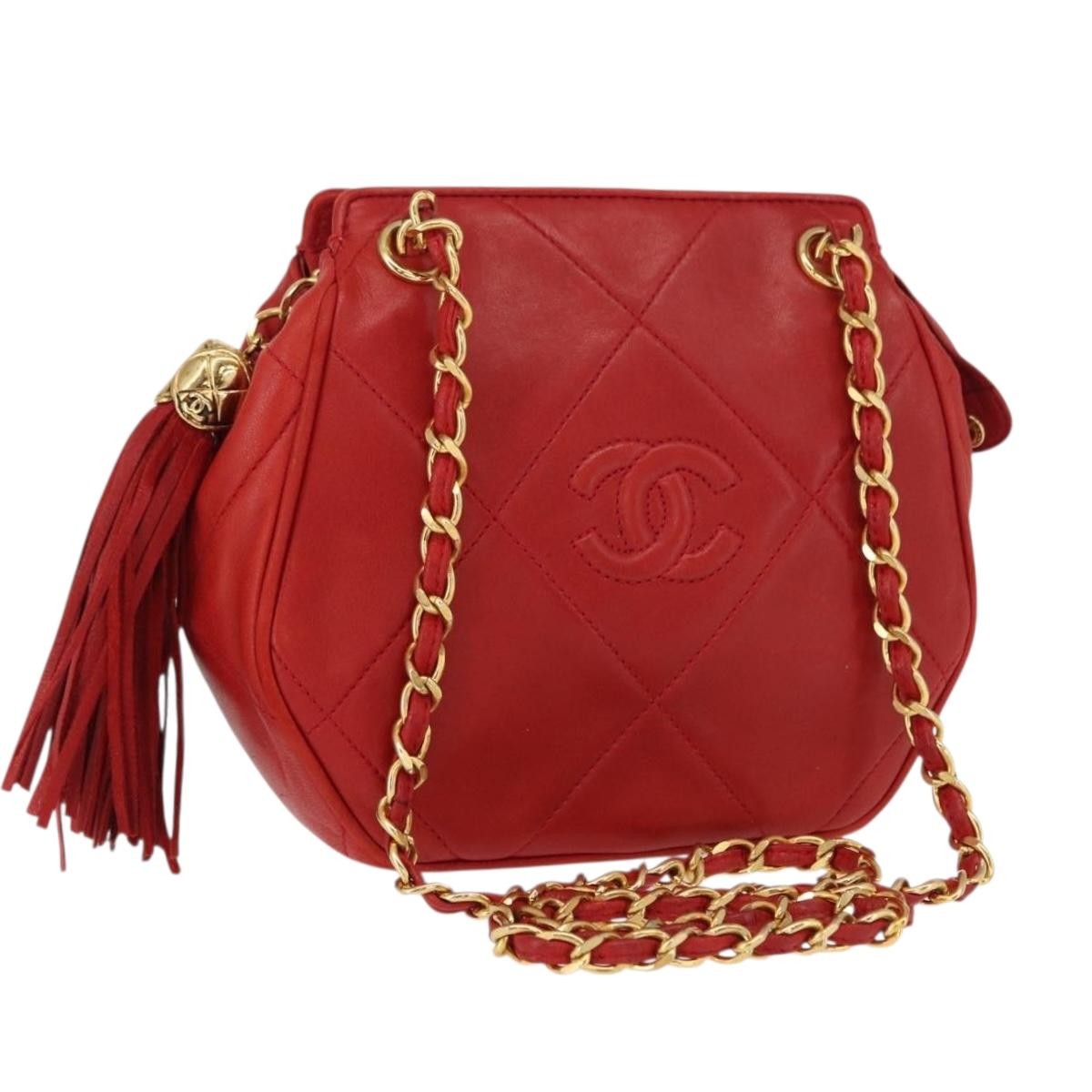 Chanel Vintage Diamond CC Tassel Shoulder Bag Quilted Leather, RED, LEATHER, Shoulder bag