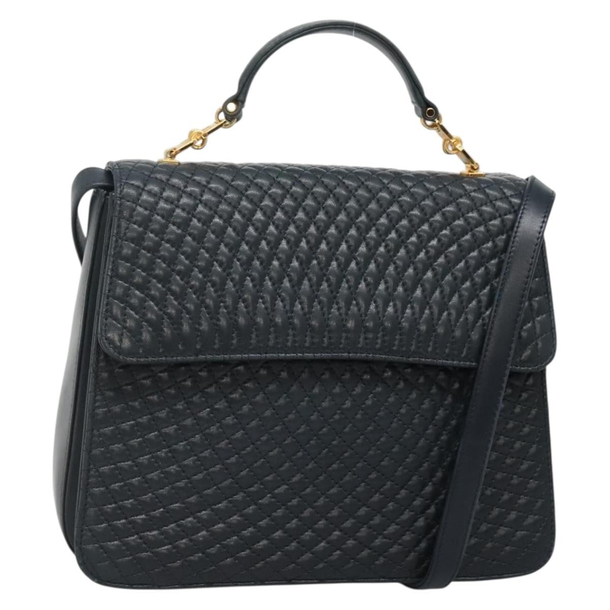 Bally Vintage Handbag Quilted Leather, NAVY, LEATHER, Handbag