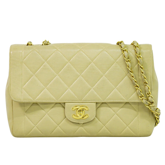 Chanel Vintage Square Flap Bag Quilted Lambskin, BEIGE, LEATHER, Shoulder bag