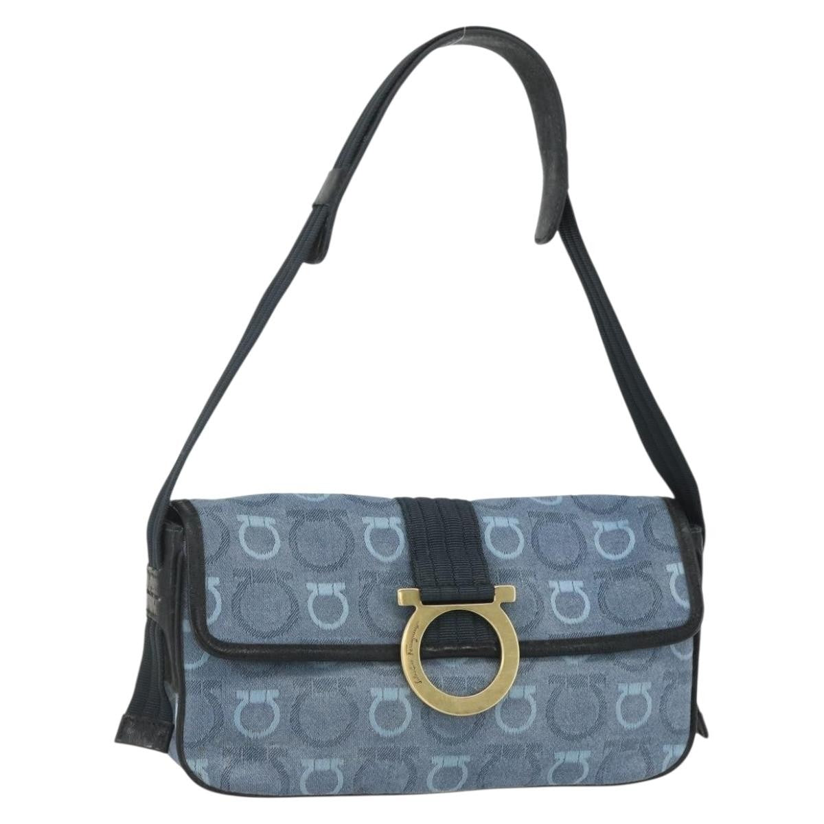 Salvatore Ferragamo Gancini Shoulder Bag Canvas, BLUE, CANVAS, Shoulder bag
