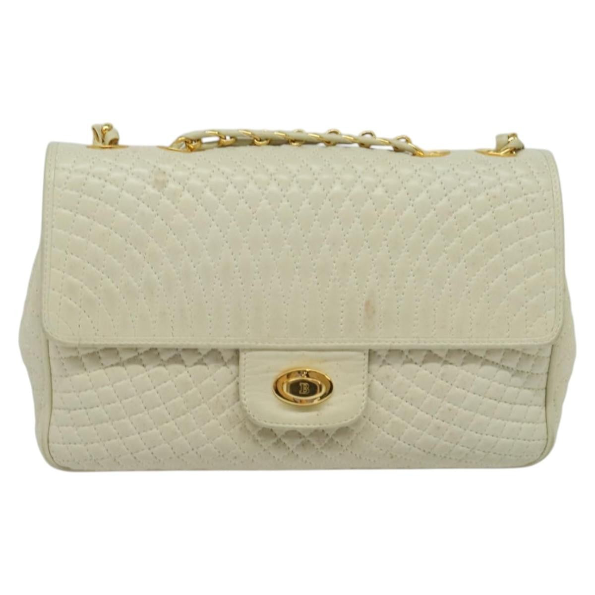 Bally Vintage Chain Shoulder Bag Quilted Leather, White, Leather, Shoulder Bag