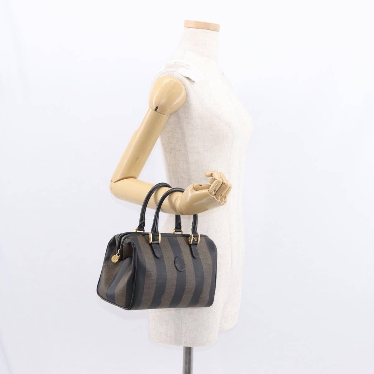 Fendi Vintage Pequin Convertible Boston Bag Coated Canvas, BROWN, CANVAS, Travel bag