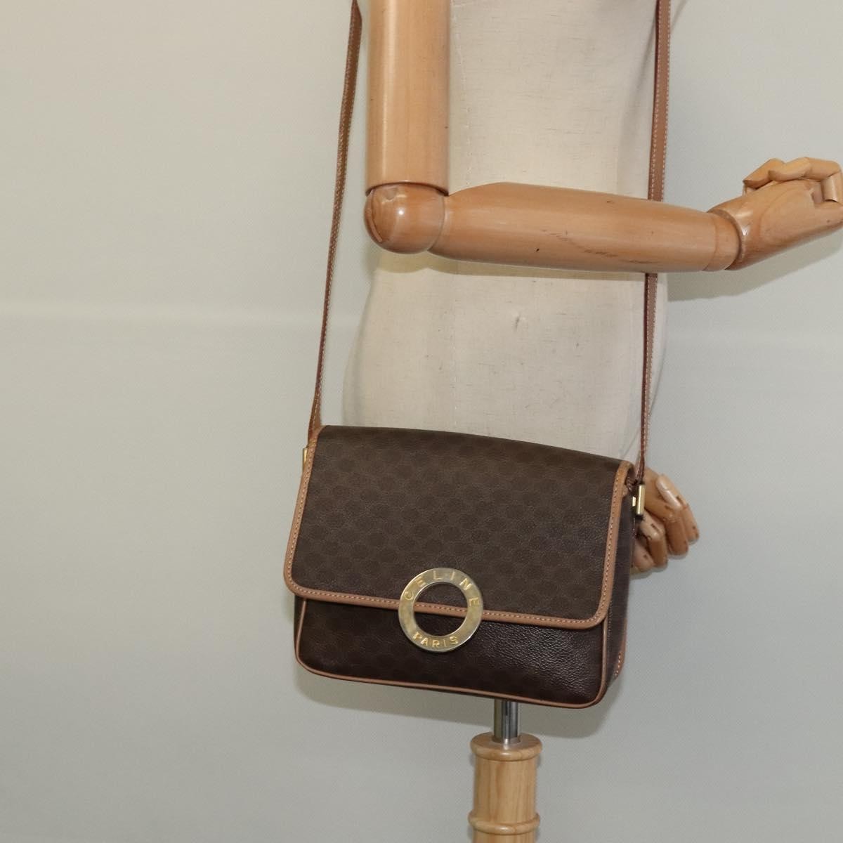 Celine Vintage Macadam Circle Logo Shoulder Bag Canvas and Leather, Brown, Canvas, Shoulder Bag