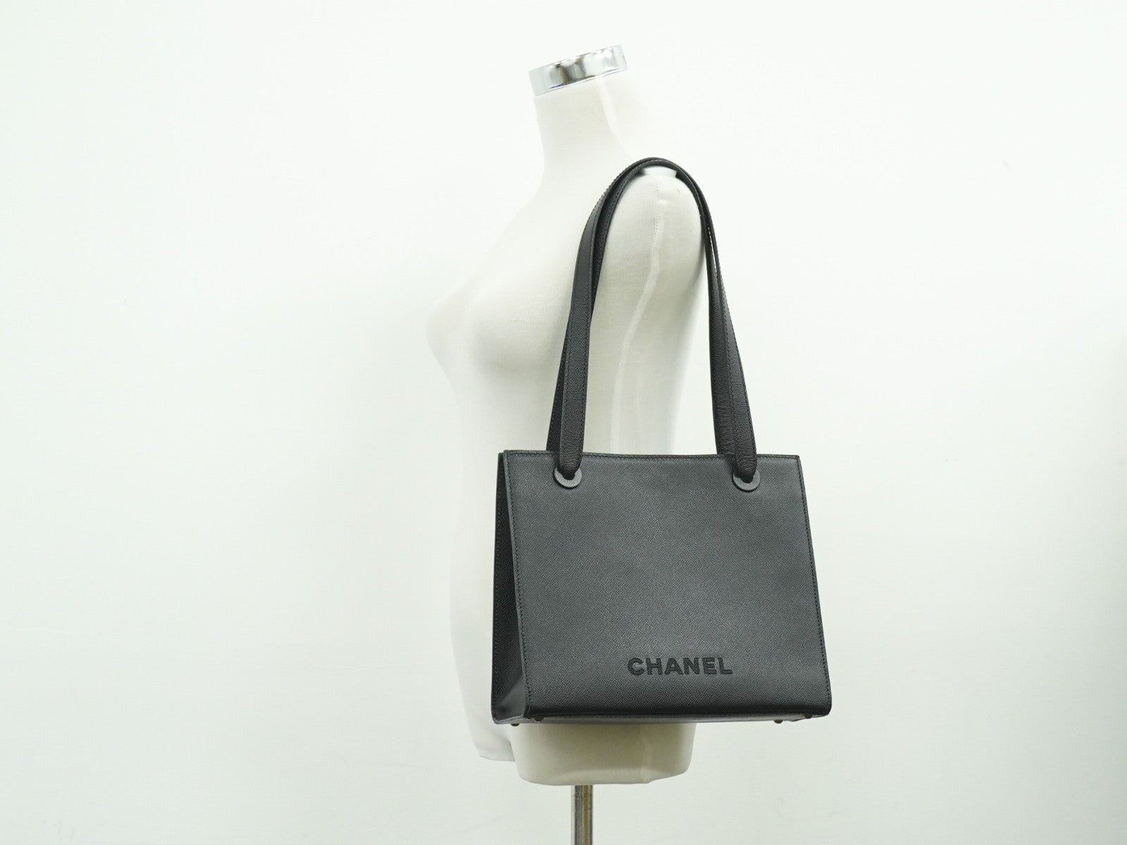 Chanel Vintage Logo Tote Leather, BLACK, LEATHER, Tote bag
