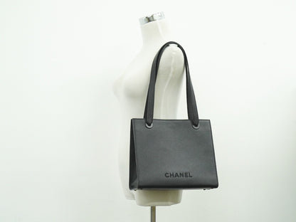 Chanel Vintage Logo Tote Leather, BLACK, LEATHER, Tote bag