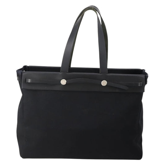 Hermes Herbag Cabas Toile and Leather, Black, Canvas, Tote Bag