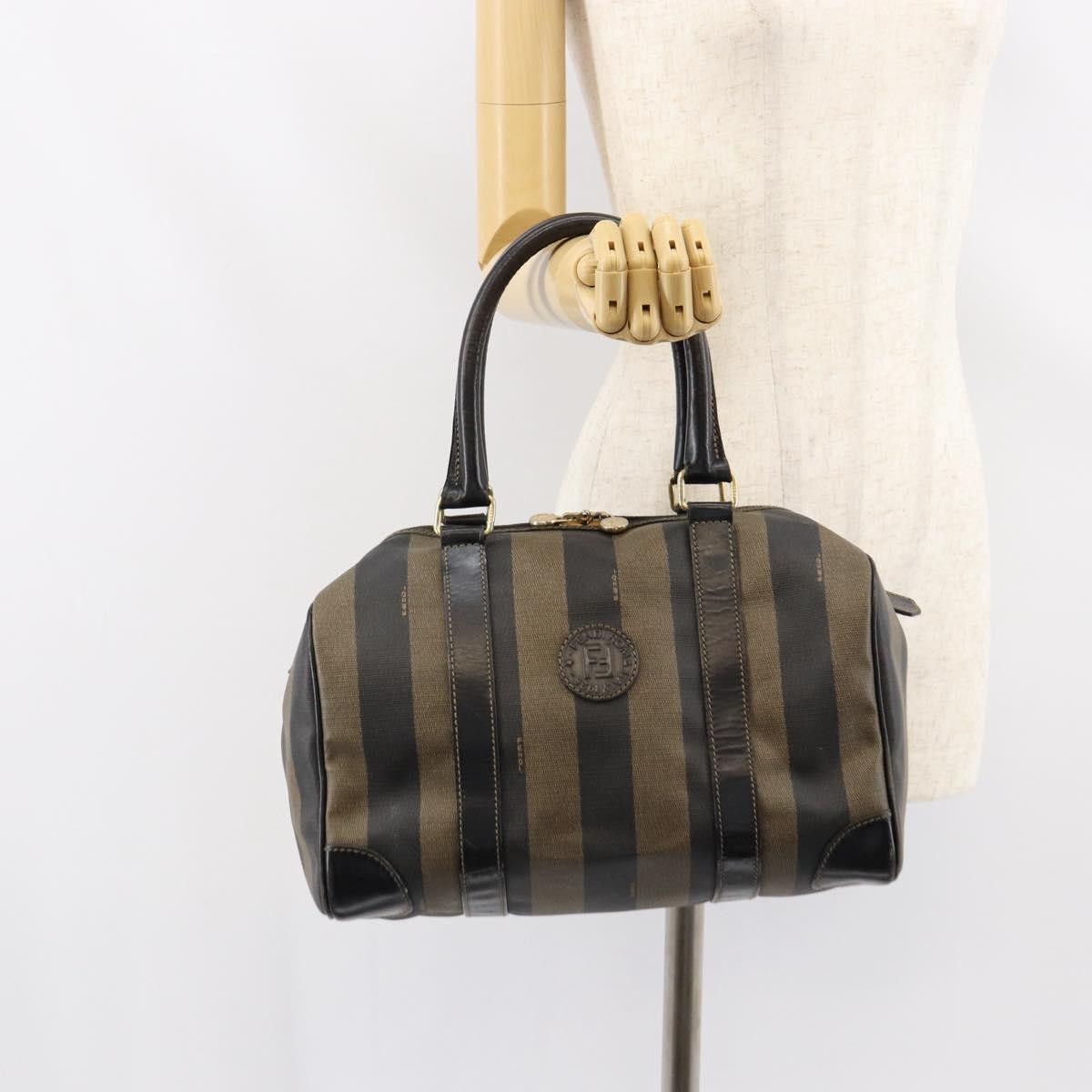 Fendi Vintage Pequin Boston Bag Coated Canvas, BROWN, CANVAS, Handbag