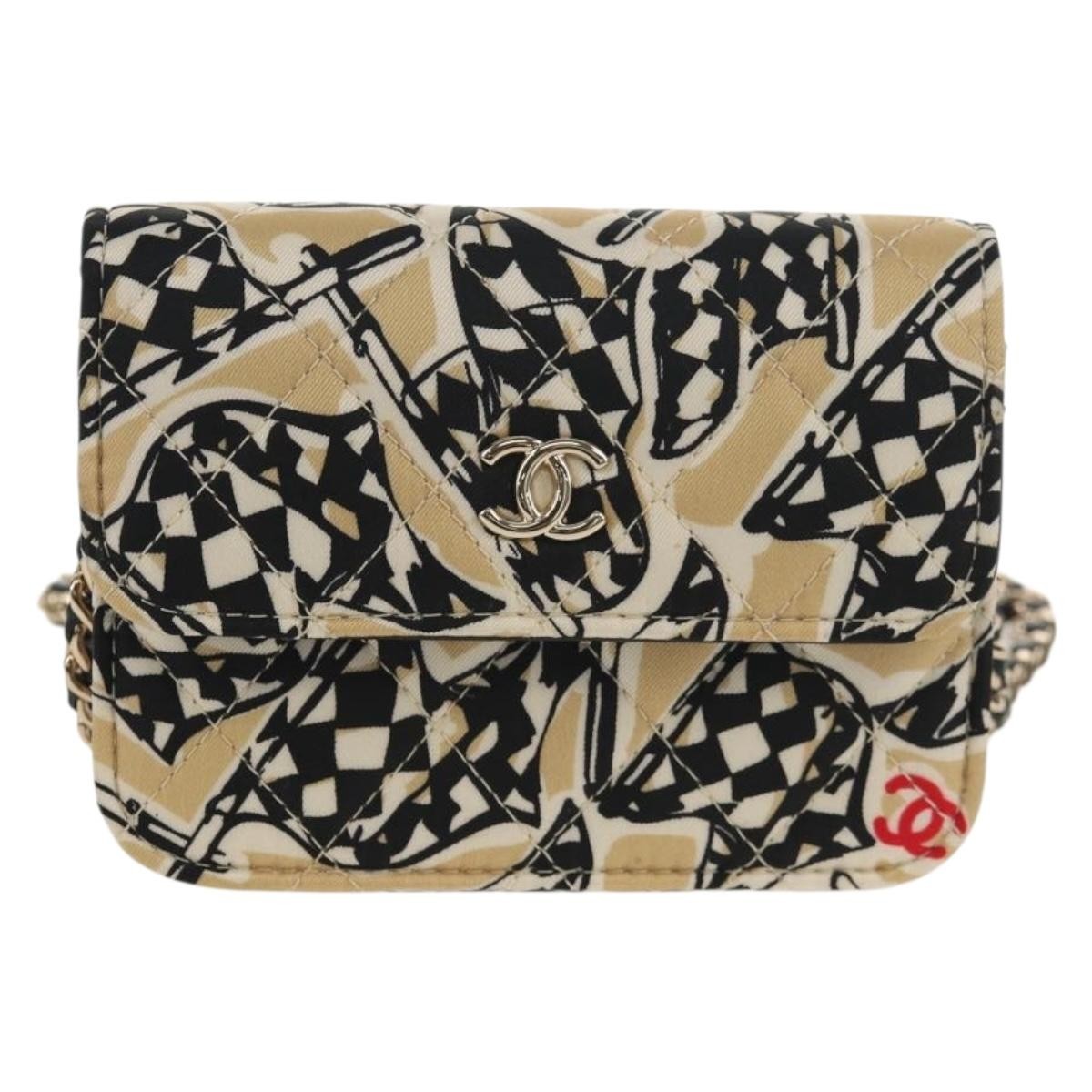 Chanel Flap Card Holder on Chain Quilted Printed Canvas, Beige, Satin, Clutch