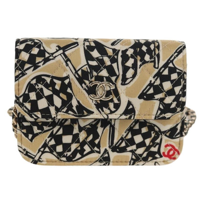 Chanel Flap Card Holder on Chain Quilted Printed Canvas, Beige, Satin, Clutch