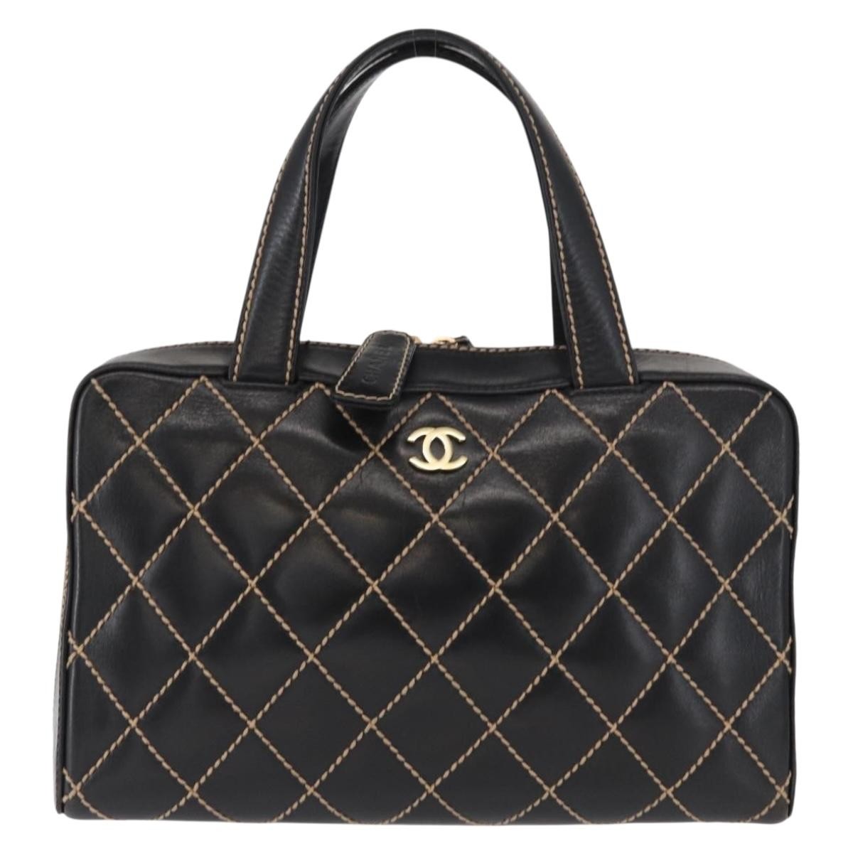 Chanel Surpique Boston Bag Quilted Leather, BLACK, LEATHER, Travel bag