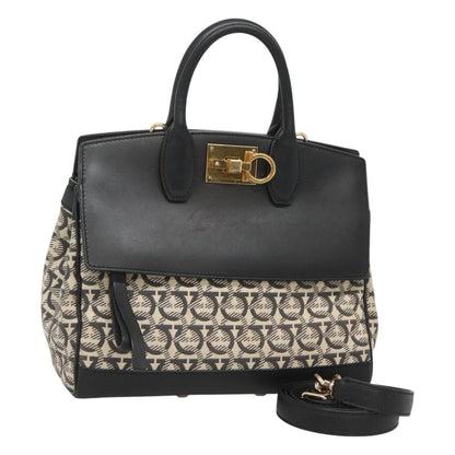 Salvatore Ferragamo Studio Satchel Gancini Jacquard and Leather, BLACK, CANVAS, Handbag