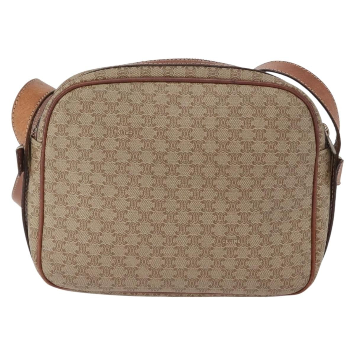 Celine Vintage Macadam Shoulder Bag Canvas and Leather, BEIGE, CANVAS, Shoulder bag