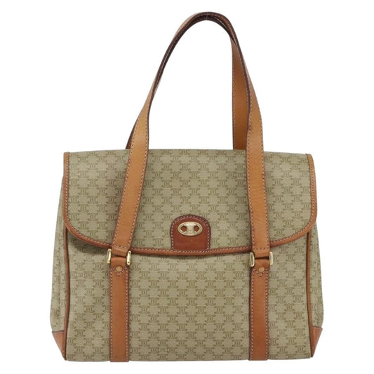 Celine Vintage Macadam Handbag Canvas and Leather, BEIGE, CANVAS, Handbag