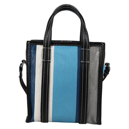 Balenciaga Bazar Convertible Tote Striped Leather, BLUE, LEATHER, Tote bag